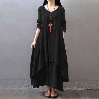 Spring and Autumn Break two-piece long dress literary pendulum linen dress loose long-sleeved cotton and linen skirt m302057