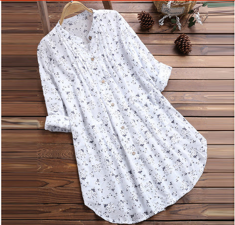 Women's shirt V-neck pleated flower print long-sleeved casual top shirt m301874