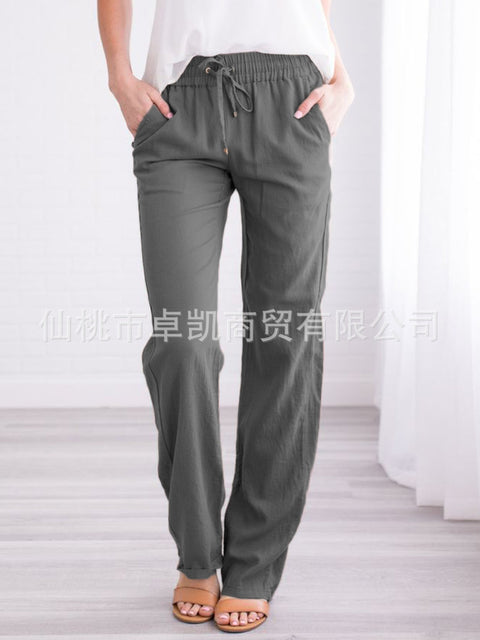 Solid color cotton and linen loose drawstring casual wide-leg trousers women's m301572