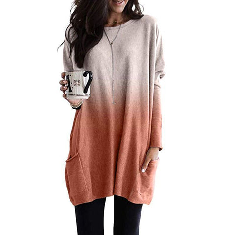 Gradual change color long sleeve casual pocket t-shirt m300380