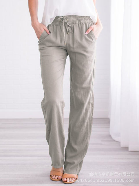 Solid color cotton and linen loose drawstring casual wide-leg trousers women's m301572