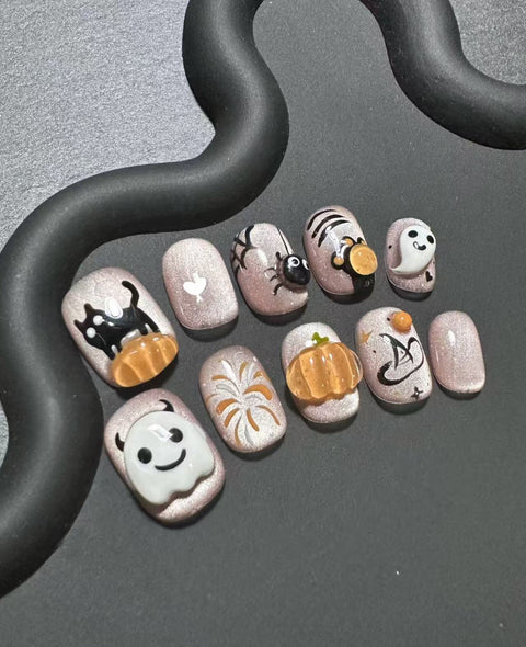 Wearing handmade cartoon three-dimensional cute pumpkin manicure patch hand-painted student funny nails m3331218
