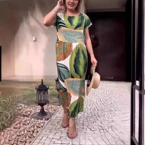 Loose round neck split button fashionable printed long dress loose m302072