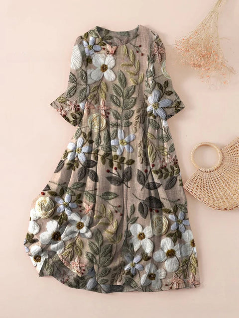 Women's loose crew neck fashion high-end long-sleeved printed dress m301049