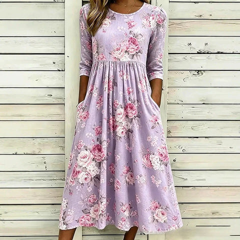 3D printed floral element women's crew neck pocket dress m303029