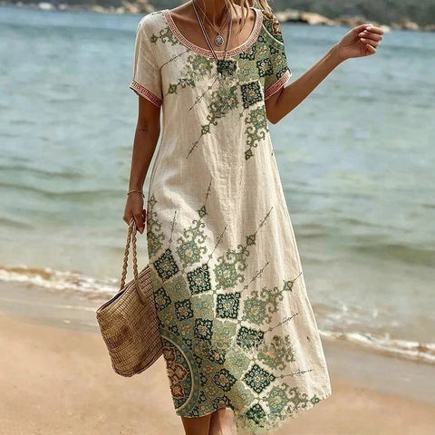 3D printed holiday style summer beach fashion crew neck short-sleeved dress m303008