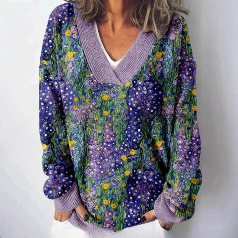 Autumn and winter imitation sweater printing foreign trade new women's pullover V-neck casual fashion long-sleeved top m302113