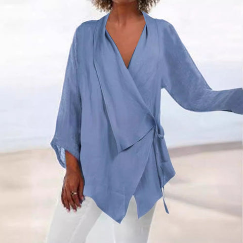 Solid color lace-up irregular hem cotton and linen women's casual top m302058