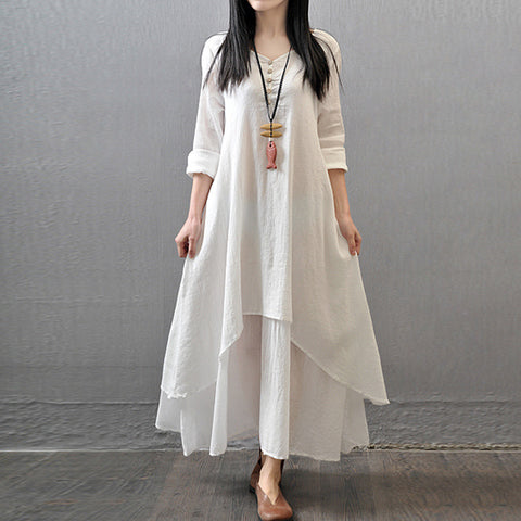 Spring and Autumn Break two-piece long dress literary pendulum linen dress loose long-sleeved cotton and linen skirt m302057