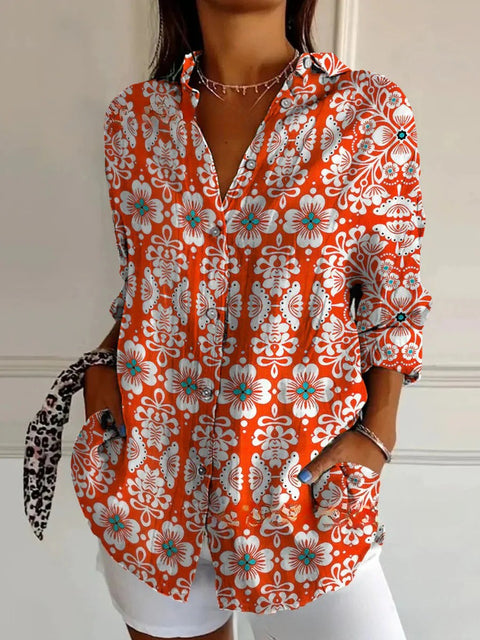 3D digital printing abstract pattern women's long-sleeved buckle linen shirt m302749-01