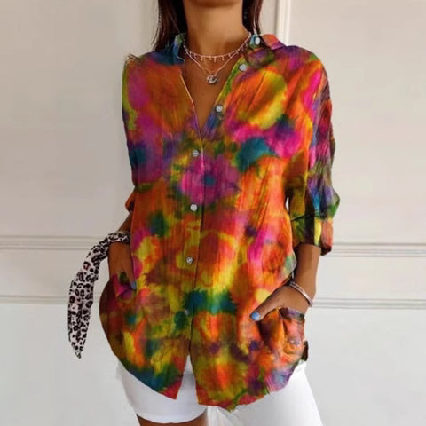 3D digital printing abstract pattern women's long-sleeved buckle linen shirt m301277