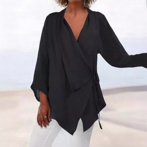 Solid color lace-up irregular hem cotton and linen women's casual top m302058