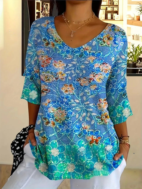 Women's fashion floral v-neck t-shirt top summer m302476