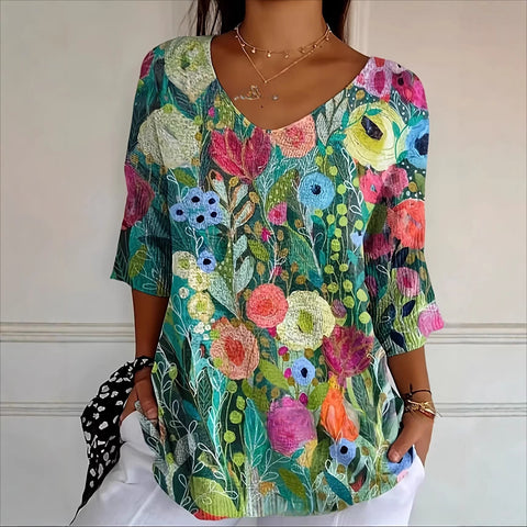 Women's fashion floral v-neck t-shirt top summer m302476