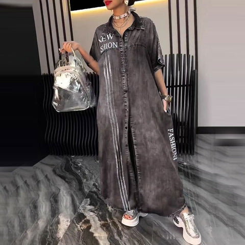 Women's casual dress letter print lapel cardigan long dress m302307