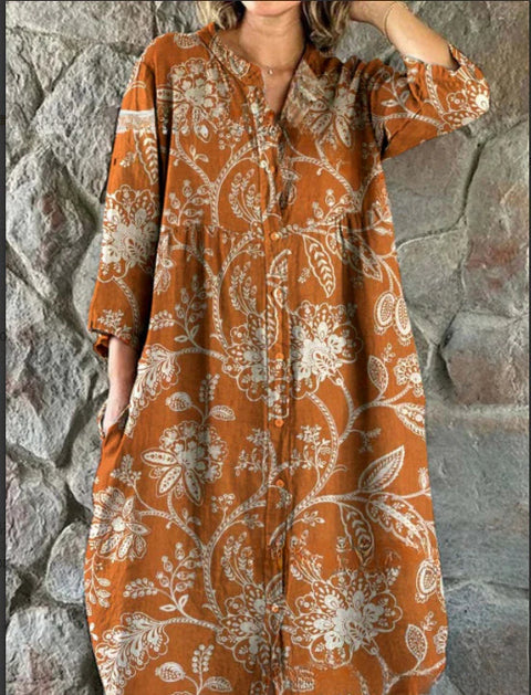 Women's Loose Crew Neck Fashion Premium Long Sleeve Printed Shirt Dress m301050