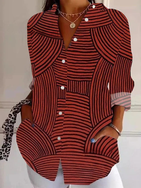 3D digital printing abstract pattern women's long-sleeved buckle linen shirt m302749-01