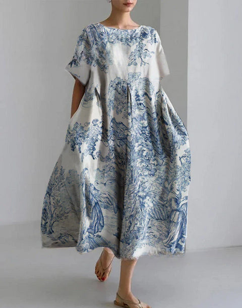 Women's loose crew neck fashion high-end short-sleeved printed dress m301052