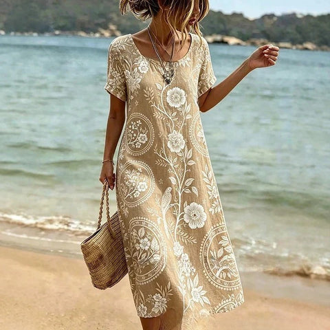 3D printed holiday style summer beach fashion crew neck short-sleeved dress m303008
