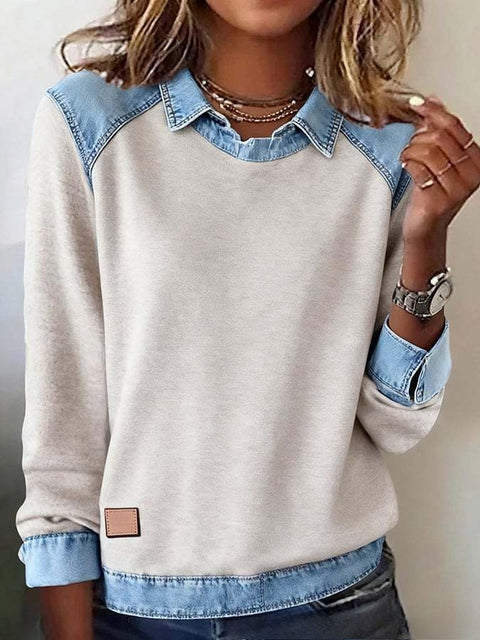 Denim collar long sleeves, pullover spliced knitted sweater top m302161