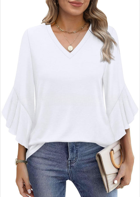 Solid color knitted printed V-neck ruffle edge seven-quarter sleeve loose top m301522