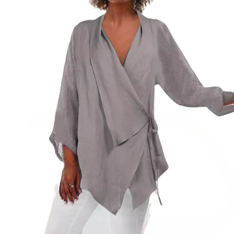 Solid color lace-up irregular hem cotton and linen women's casual top m302058