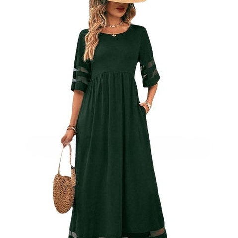Large size women's five-quarter sleeve mesh crew neck splicing pocket dress m302052