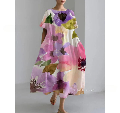 Women's loose crew neck fashion high-end short-sleeved printed dress m301052