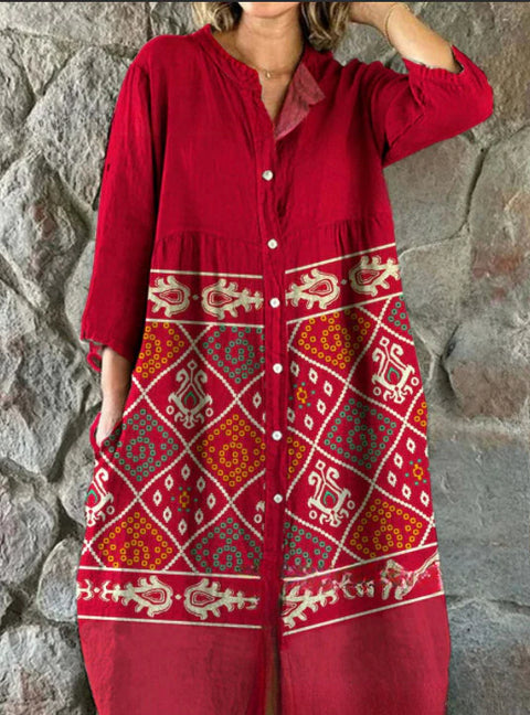 Women's Loose Crew Neck Fashion Premium Long Sleeve Printed Shirt Dress m301050