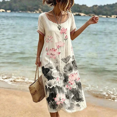 3D printed holiday style summer beach fashion crew neck short-sleeved dress m303008