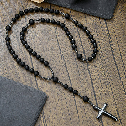 Natural stone black gallstone yellow tiger eye iron stone cross necklace hip hop necklace m3331291