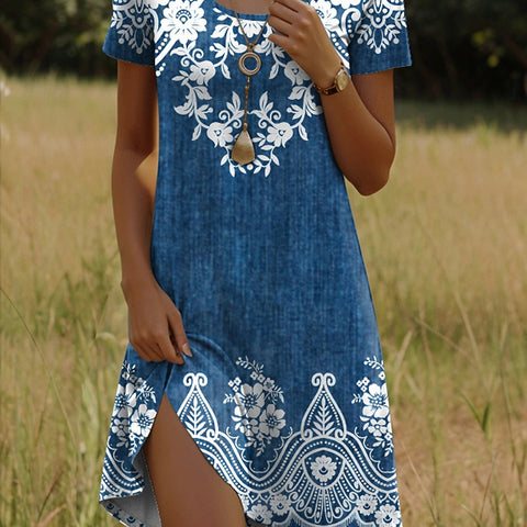 Versatile polka dot flower short-sleeved round neck medium and long skirt m302614