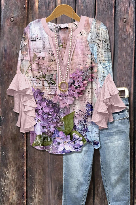 Digital printing casual trend V-neck lotus edge T-shirt women's m302725-2