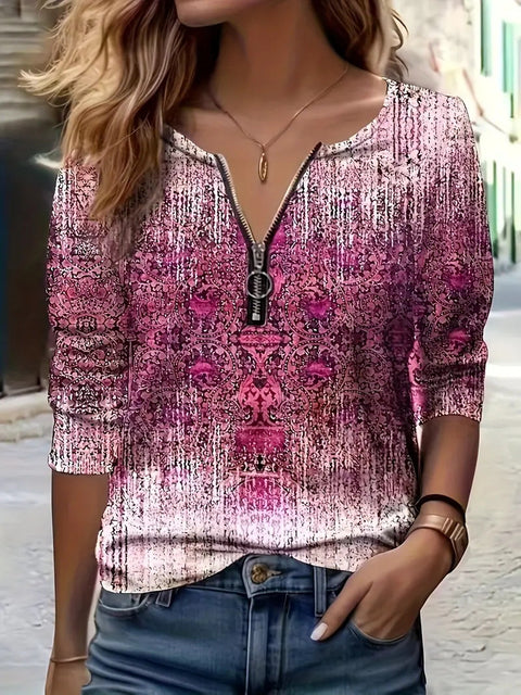 Women's Autumn Loose Design Ethnic Crew Neck Printed Zipper Long Sleeve POLO Shirt m301774