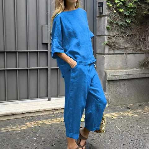 Women's 2-Piece Plus Size Cotton Linen Shirt Set High-Waisted Loose Pants M302296