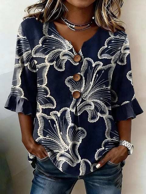 Small V-neck shirt flared sleeve printed button-down shirt m302753