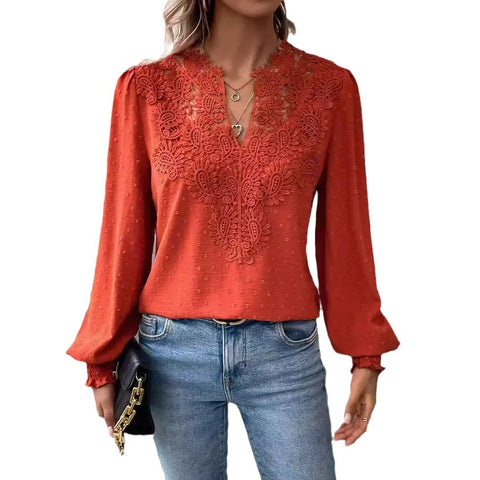 V-neck lace stitching long-sleeved casual shirt blouse m301373