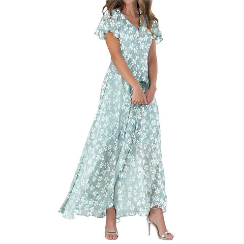 Big pendulum long dress V-neck short-sleeved printed chiffon dress m301544