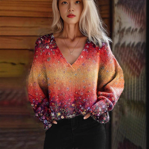 Autumn and winter loose V-neck top casual shoulder women's clothing thick needle sweater imitation wool m302039