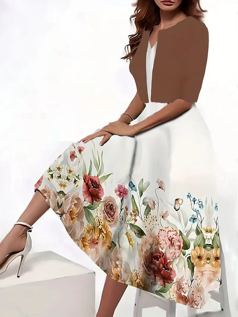 New women's long dress two-piece set flower and grass print crew neck dress jacket m302471