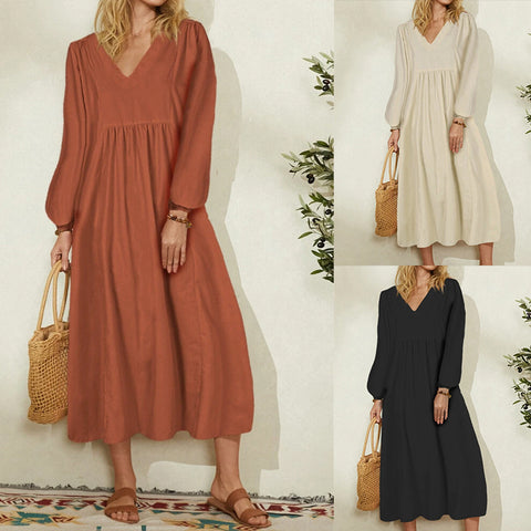 Women's cotton and linen loose lantern sleeve dress m301242