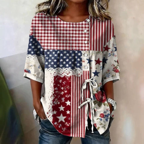 Color matching loose blouse five-button drawstring m302924