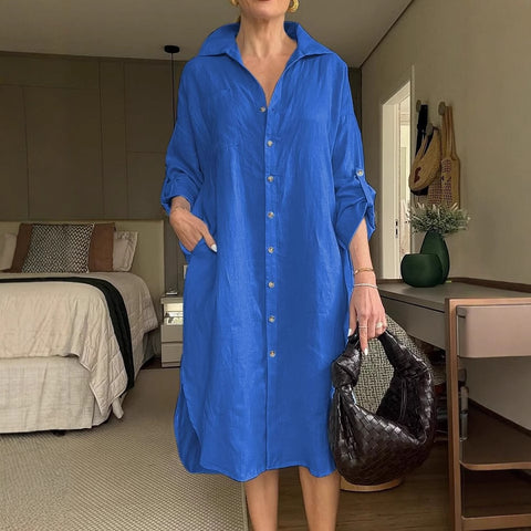 Women's dress cotton and linen shirt long dress fashion casual long sleeve cardigan dress m301932
