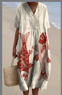 Fashion digital printing large wide V-neck dress m302382