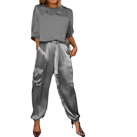 Women's smooth satin half-sleeved top and pants set two-piece set m301649