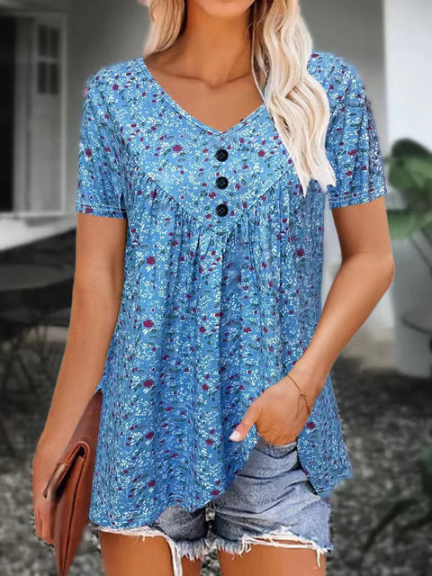Floral v-neck short-sleeved casual button top m301454