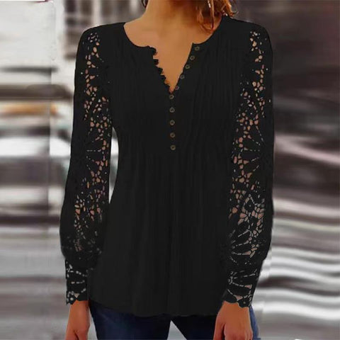 Lace Sleeve Pleated Solid Color Button T-Shirt Bottom Shirt m301333