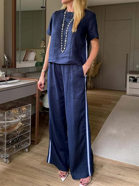 Crew neck pullover new trousers cotton and linen multi-color women's suit m302722