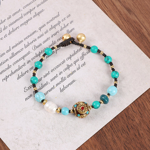 Retro Nepalese Ancient Law Copper Bead Bracelet Women's Tibetan Ethnic Style Personalized Simple Weaving Blue Bracelet M5010668