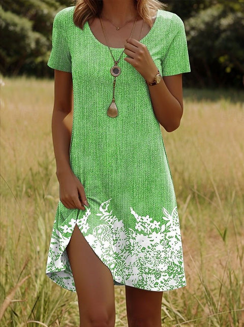 Versatile polka dot flower short-sleeved round neck medium and long skirt m302614